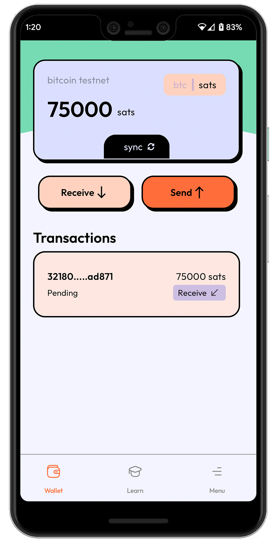 Padawan Wallet mobile app home screen showing bitcoin testnet balance and transaction features