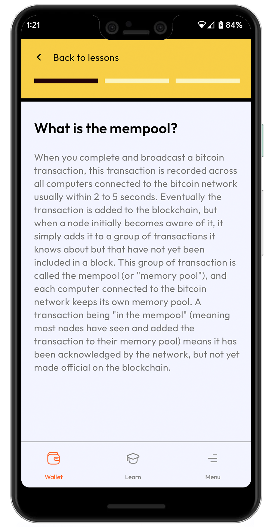 Padawan Wallet tutorial interface demonstrating bitcoin wallet learning features and testnet coin management